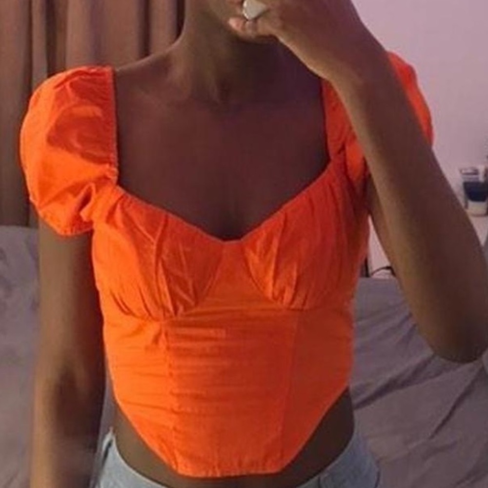 Orange Puff Sleeve Smocked Crop Top